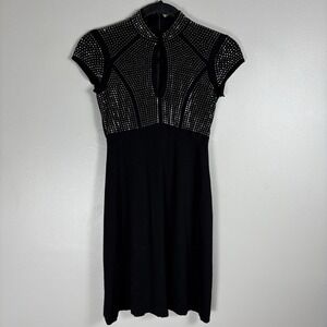 Cache Women's XS Black Rhinestone Keyhole Cap Sleeve Fit Flare Mini Dress VTG‎